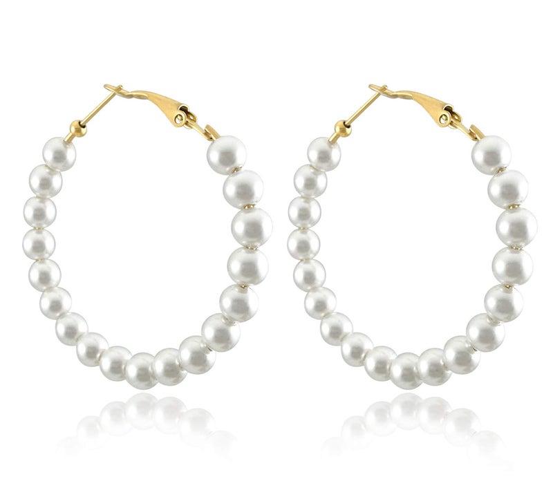 RONLLNA Pearl Hoop Earrings for Women Fashion Dangle Hypoallergenic Layer Earrings Drop Dangle Earrings Gifts for Women (45mm hoop) - Image 1